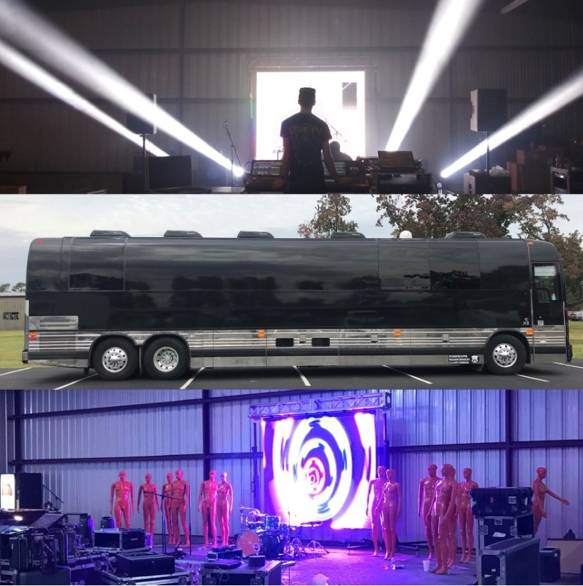 Rehearsal Room, Tour Bus, and Staging Lights in a Space